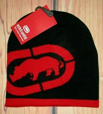 Mens Ecko Unltd Big Rhino Black Red Beanie Hat Cap One Size • $17.90