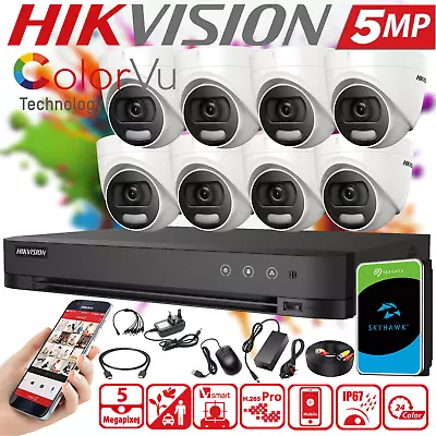 HIKVISION 5MP ColorVu 24/7 CCTV Security System Outdoor AcuSense 4CH 8CH DVR Kit • £268