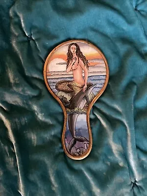 Mermaid And Dolphin Hand Mirror Colorful Painted Iconography Gold Cast Resin • $40