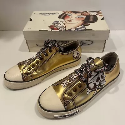 Ed Hardy Women’s Skull Bones Gold Slip-on Low Rise Sneakers Y2K Shoe Size 9 NIB • $67.50