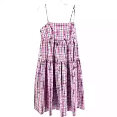 J. Crew Pink Plaid Midi Dress Poplin Sz 8 Tiered Babydoll Girly Sleeveless  • $39.95