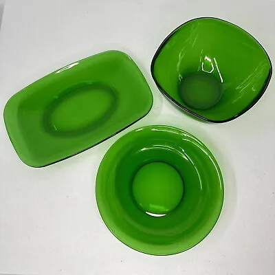 Set Of 3 Vereco France Green Glass Serving Set Platter Plate Bowl FREE SHIPPING • $49.99