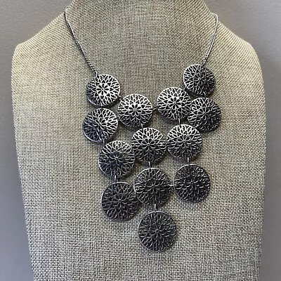 Antique Silver Filigree Flower Medallion Statement Necklace  • $7.99