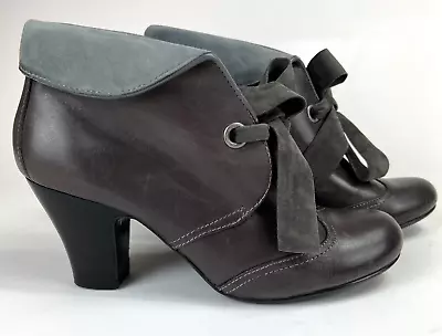 Hush Puppies Lonna Bow Cuffed Gray Leather Heel Ankle Boots Sz 9 Steampunk • $39.56