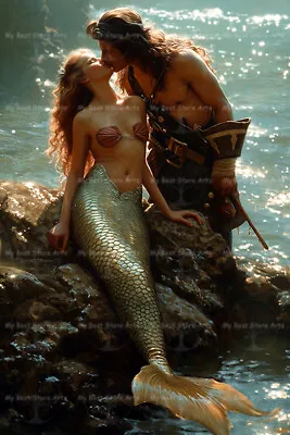 PIRATE AND MERMAID KISS ART PRINT Decor Siren Poster Magical Ocean Artwork C924 • $7.95