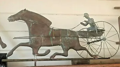 Antique 32  Copper Horse & Sulky Weathervane W/ Jockey & Directionals - COMPLETE • $399
