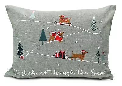 Dachshund Through The Snow Embroidered Christmas Cushion - Grey/Multicolour • $57.62