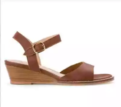 ANNE WEYBURN Tan Leather Slingback Wedge Sandals Low Heel RRP £150 • £29