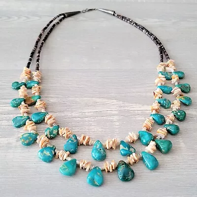 Vintage 2 Strand Necklace Turquoise Spiny Oyster Beads Sterling Silver EUC • $80.10