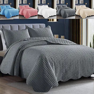 Quilted Bedspread Bed Throw Single Double King Size Bedding Set & Pillow Shams • £19.94