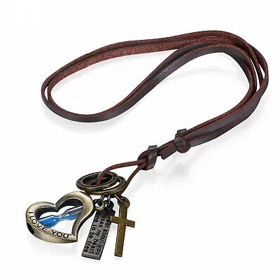 Heart Blue Hourglass Cross Pendant Men Women Leather Cord Necklace Adjustable • $10.99