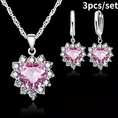 3PCS Pink Color Gemstone Ring Necklace Earrings Set Jewelry Gifts Women New • $15.98