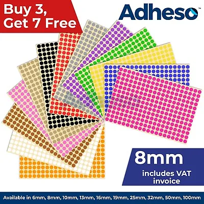 Adheso 8mm Coloured Dot Stickers Round Sticky Dots Adhesive Circles Labels • £0.99