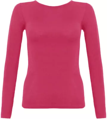 Womens Long Sleeve Round Neck Plain Basic Ladies Stretch T-Shirt Top UK 8-26 • £4.94