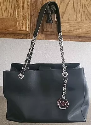 Michael Kors Black Leather Satchel Bag Has Silver Chain Details • $39.99