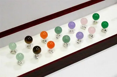 Natural 7 Pairs 10mm Mix Color Jade Round Bead Gemstone 925 Silver Stud Earrings • $7.49