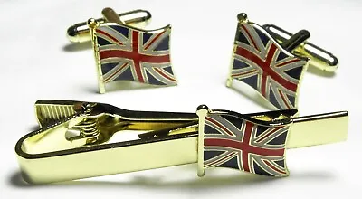 Union Jack Flag Cuff Links & Tie Bar Clip Great Britain GB UK Cufflinks Set  • £6.99