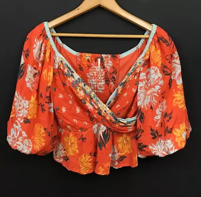 Free People Mirabella Floral Wrap Front Blouse In Burnt Orange Rayon Crop Top XS • $22.49