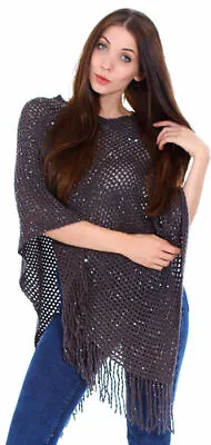 New Poncho Cape Sweater Knitted Top Shawl Wrap Black/Grey Sequins Simplicity • $12.95