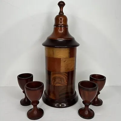 Vintage Segmented Wood Over Glass Decanter & Shot Glasses Shotglass Set MCM Bar • $39.95