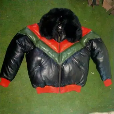 Men Bubble V Bomber Sheepskin Leather Jacket Detachable Original Fox Fur Collar • $199.99