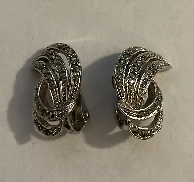 Vintage Midcentury Silver Tone Marcasite Fronds Clip-on Earrings • £6.50