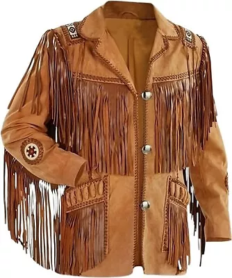 Men Western Style Cowboy Leather Jacket With Fringe Suede Beaded Coat-Tan Brown • $90