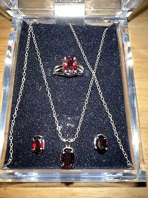 Sterling Silver Garnet Necklace Ring And Earrings • $50