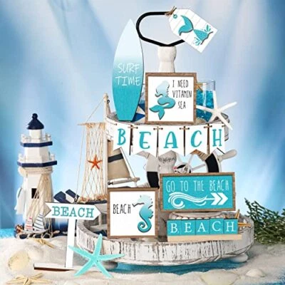 $21.42 • Buy 14 Pcs Summer Tiered Tray Decor Sets Farmhouse Summer Wooden Sign Wood Beach ...