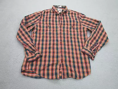 J. Crew Shirt Mens Large Slim Blue Red Brown Double Brushed Plaid Flannel *FLAWS • $12.88