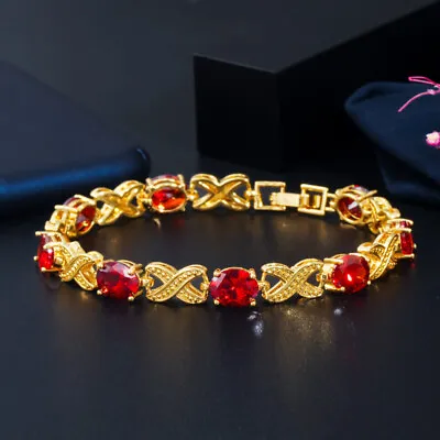 Top Red Bracelet Oval Cut Chain Link Bangle Women CZ Dubai Yellow Gold Plated • £5.33