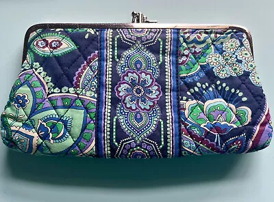 Vera Bradley Floral Blue Paisley Double Kiss Lock Purse Wallet Clutch Handbag • $12.95