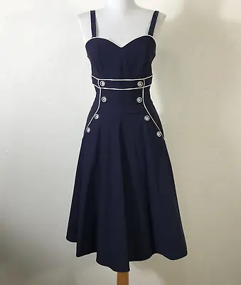 Voodoo Vixen Claudia Nautical Dress Size M Navy Blue Rockabilly Swing Sleeveless • $59