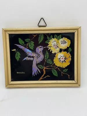 VINTAGE WOOD FRAMED FOIL ART PICTURE PRINT EXOTIC Hummungbird 5.25”x 4” BRIGHT. • $18