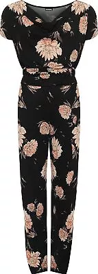 Women's Plus Short Sleeve Tied Belted Floral Print Cowl Neck Ladies Jumpsuit • £28.49