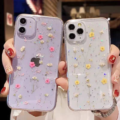 For IPhone 15 14 13 Pro Max 12 11 XS 7 8 X Glitter Dried Flower Clear Case Cover • $7.80