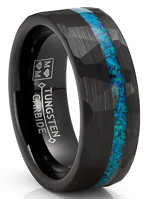 Mens Crushed Opal Tungsten Carbide Ring Dome Wedding Band Simulated Black Inlay • $16.99