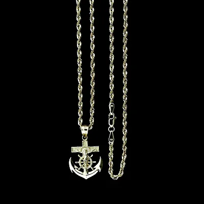 Mens 10K Gold Jesus Anchor Cross Charm Pendant With 2.5mm Rope Chain Necklace • $279.99