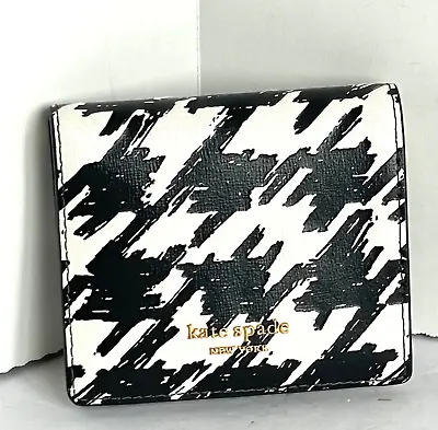 Kate Spade Morgan Small Bifold Wallet Painterly Houndstooth Black Leather Compac • $89.98
