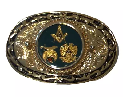 Brass Oval Belt 3 Logos Buckle Masonic Freemason Shriner Scottish Rite 32 1 1/2  • $14.95