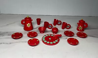  VTG 20 Pc Miniature Red Wood Coffee Tea Set Dish Cups Bowls Toy Dollhouse Sevi • $15