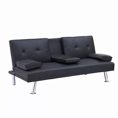 Faux Leather Convertible Sofa Bed Folding Loveseat Futon Couch With Cup Holders • $259.99