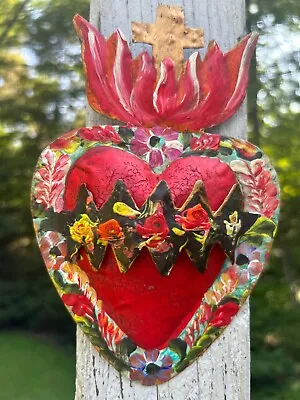 Corazon Cross With Banner 3D Mexican Handmade Painted Tin Milagro 7.5x5 Z42 • $25.90
