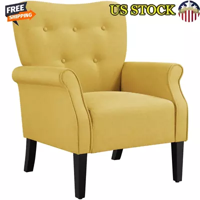 Mid-century Yellow Upholstered Accent Armchair Living Room Wooden Leg Cozy Sofa • $109.56