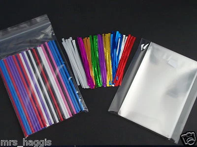 50 X 6  CAKE POP KIT MIXED PACK LOLLIPOP STICKS BAGS & METALLIC TWIST TIES • £5.25