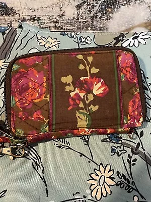 Vera Bradley Floral Brown Fabric Zip Wallet Wrist Strap Outside Pocket Clasp • $17