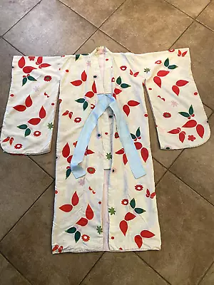 Vintage Kimono Hanten Happi Robe Butterflies Small White Pink Red Green Japanese • $37.98