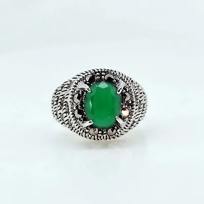 2.99 Gm Green Emerald And Marcasite 925 Sterling Silver Handmade Unisex Ring • $42.07