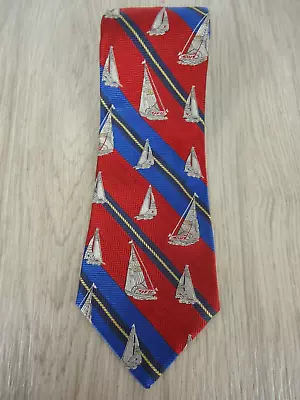 Tommy Hilfiger Men Tie VTG Silk Striped Sailboats Red Navy Gold Classic Nautical • $10