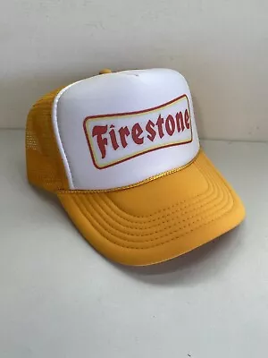 Vintage Firestone Tires Hat Trucker Hat Snapback Gold Yellow Summer Cap • $18.99